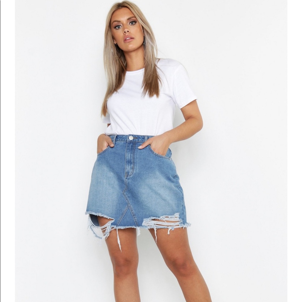Boohoo Plus Distressed Hem Denim Skirt